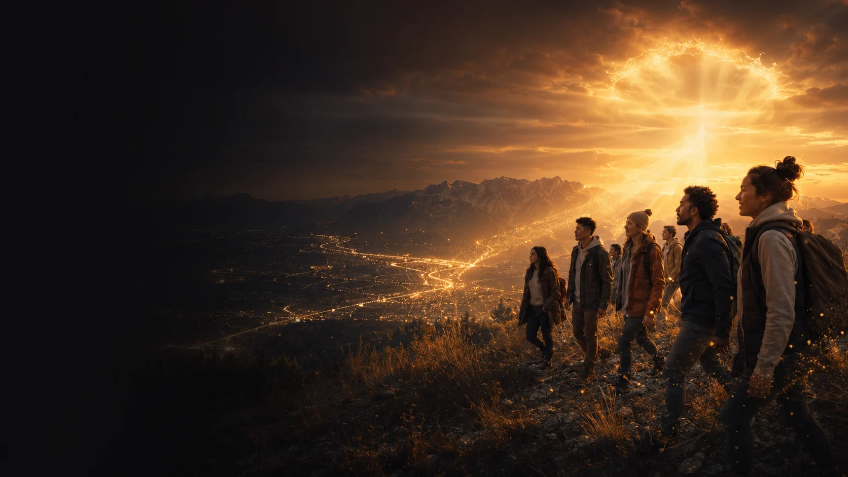 Young people walking out toward the light over Alberta